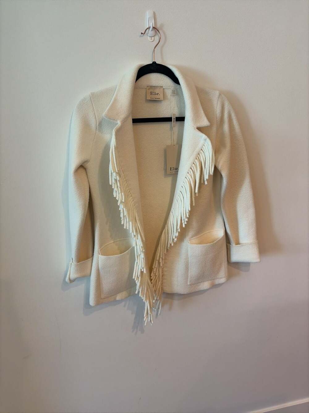 Elie Tahari Women's Fringe Trim Open Front Sweater Coat in Egret